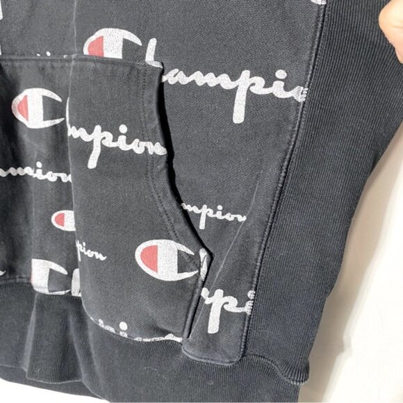 Vintage Champion Reverse Weave Black All Over Logo Print Hoodie M - Picture 8 of 16